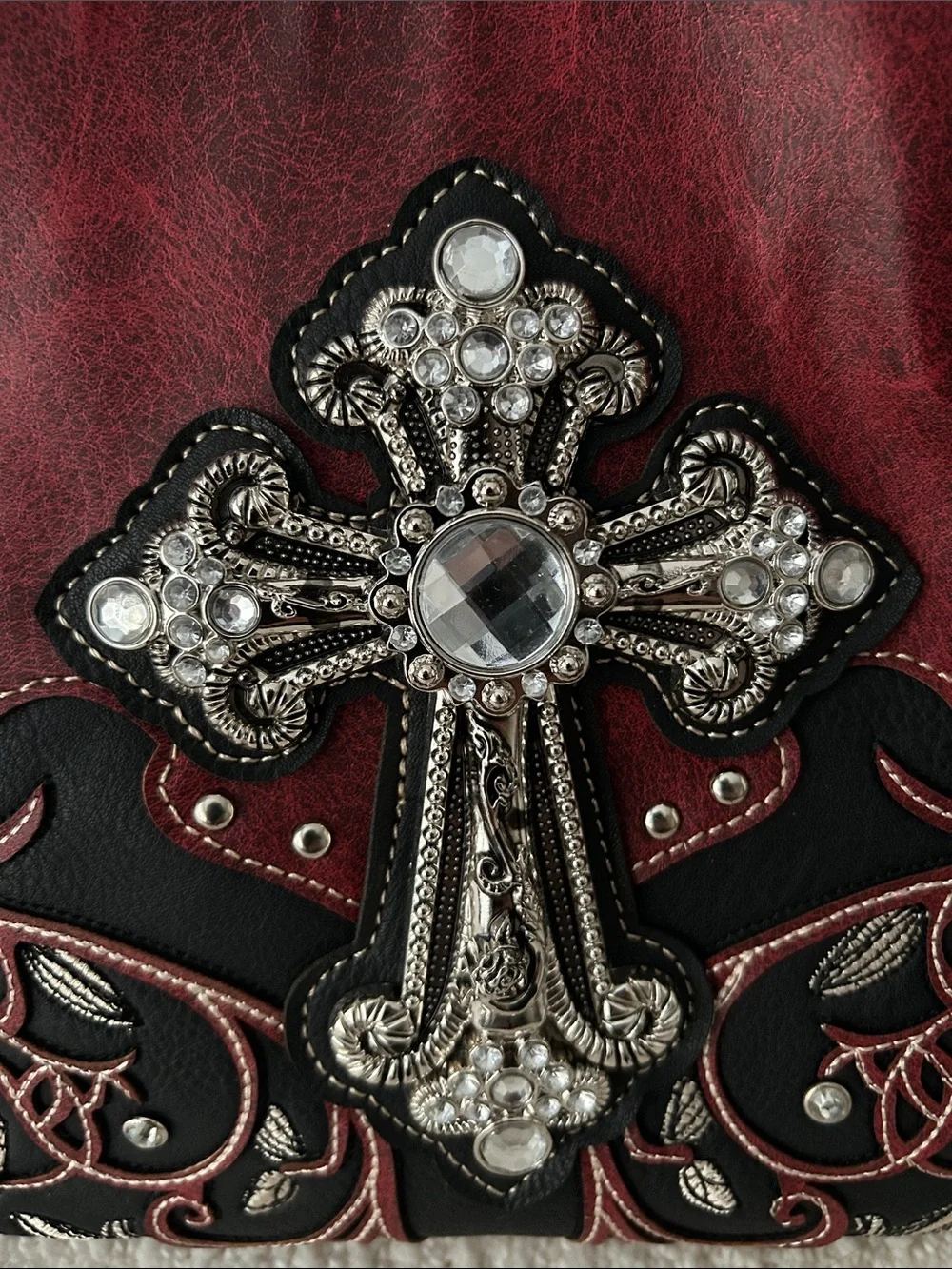 Women's Western Red and Black Embellished Cross Conceal and Carry Shoulder Bag